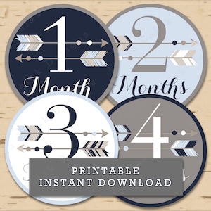 Tribal Month Stickers INSTANT DOWNLOAD PRINTABLE Pdf Diy - Blue Gray Arrow Boy Milestone Growth Monthly Baby Stickers or Iron-on TRB06