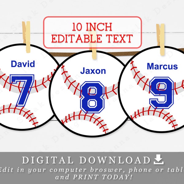 10 "Baseball mit bearbeitbaren Namen und Zahlen Baseball Team Banner DIY Vorlage Printable