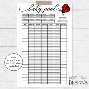 Druckbare Marienkäfer Baby Shower Baby Pool Spiel Geburt Voraussagen 11" x 17" und 24" x 36" Poster SOFORT DOWNLOAD