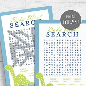 Dinosaur Baby Shower Word Search Game Printable - Dino Blue and Green INSTANT DOWNLOAD DN01