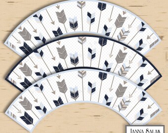 Tribal Arrow Cupcake Wrappers Party Printable Navy Blue Gray and Light Blue Boho Boy DIY INSTANT DOWNLOAD TR006 TRB06
