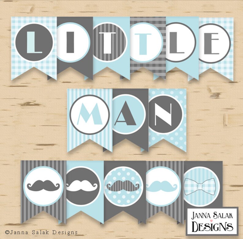 Little Man Baby Shower PRINTABLE Party Package Blue and Grey Diy INSTANT DOWNLOAD Pdf LM001 image 4