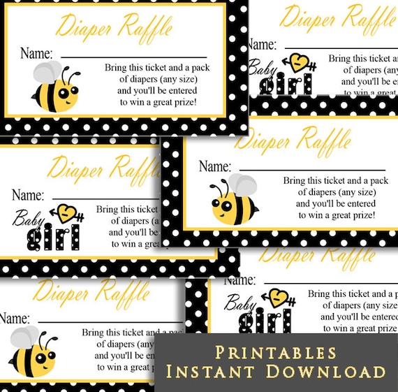Yellow & Grey Bumble Bee Printable Baby Shower Diaper Raffle Tickets 