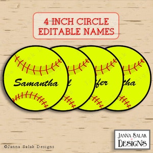 4 Softball Tags With Editable Names INSTANT DOWNLOAD DIY Pdf zdjęcie 1