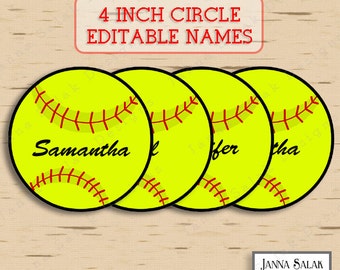 4" Softball Tags With Editable Names INSTANT DOWNLOAD DIY Pdf