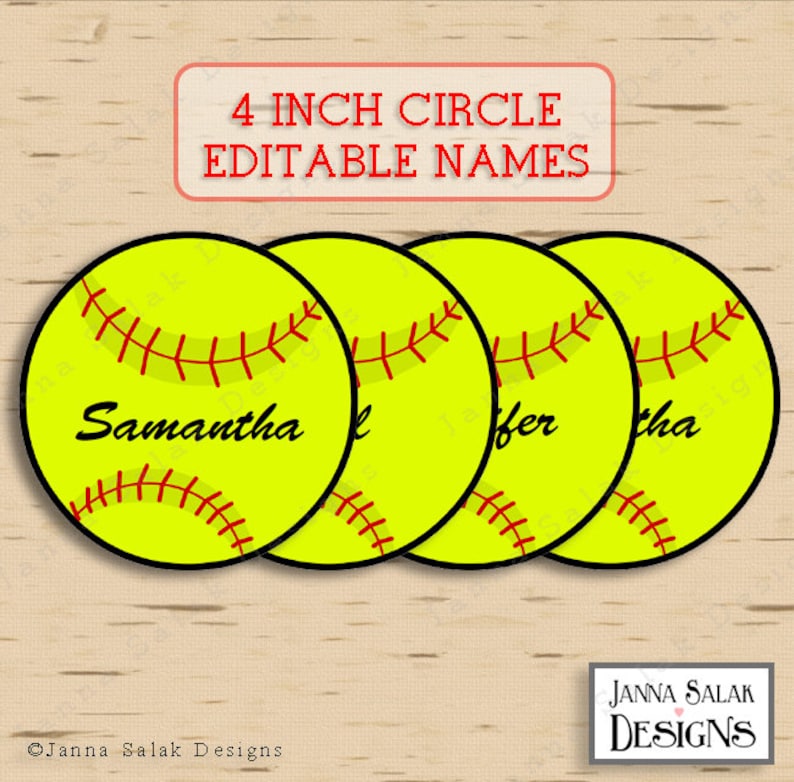 4 Softball Tags With Editable Names INSTANT DOWNLOAD DIY Pdf zdjęcie 1