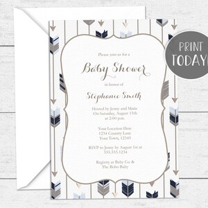 Tribal Arrow Baby Shower Invitation Template- Boho Navy Grey Blue DIY Editable TEMPLETT TR006
