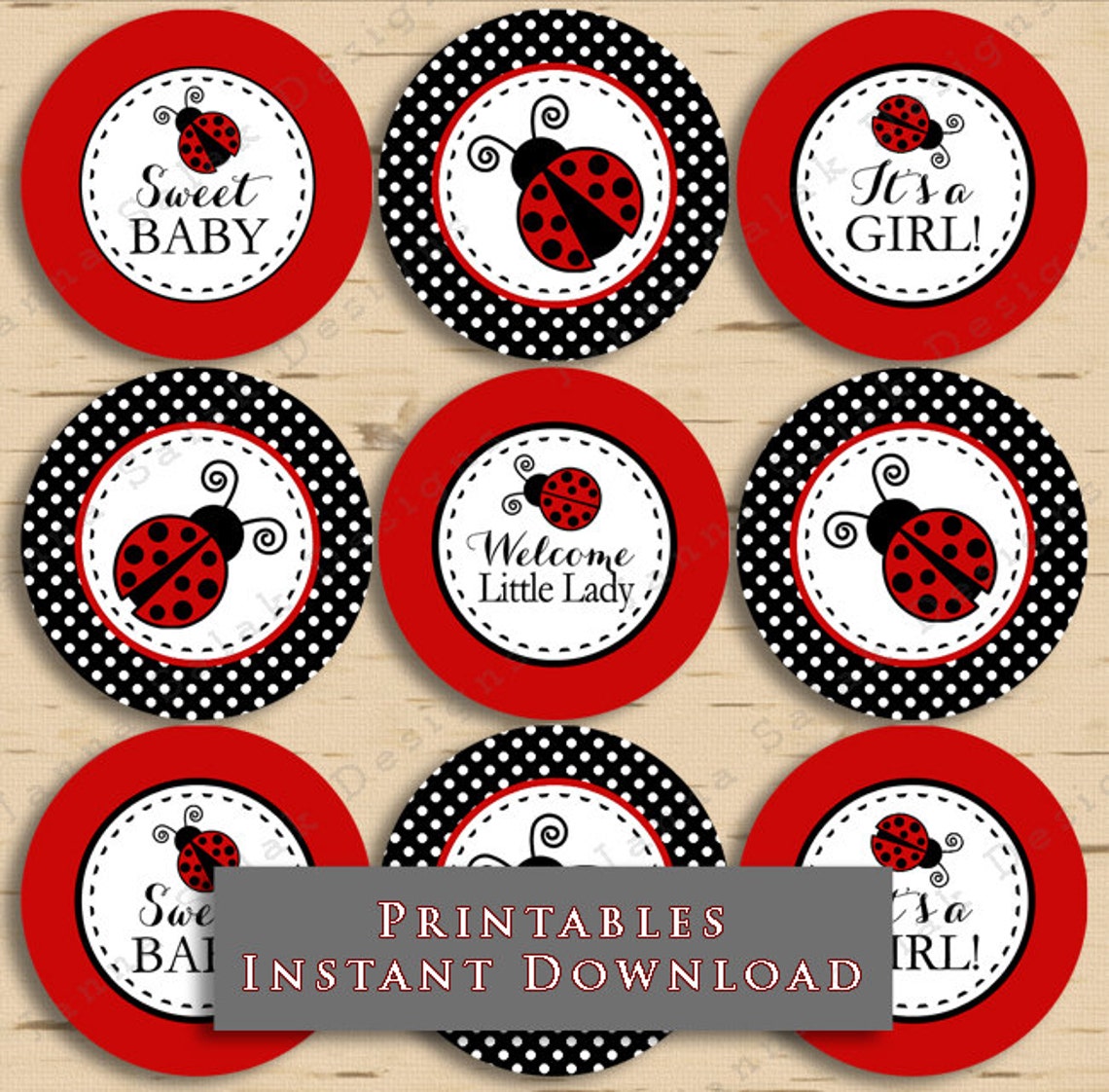 Printable Ladybug Baby Shower Cupcake Toppers Tags Red and Etsy