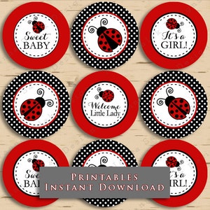 Printable Ladybug Baby Shower Cupcake Toppers Tags Red and Black Polka Dot DIY Printable INSTANT DOWNLOAD LB01