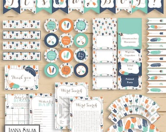Tribal BOY Baby Shower Party Package Boho Arrows and Feathers Navy Orange Teal Diy INSTANT DOWNLOAD Pdf TR003