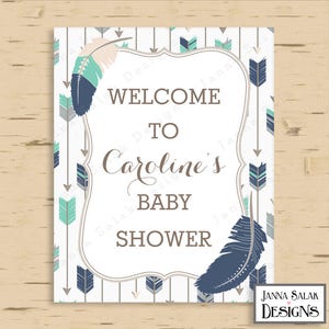IMPRIMABLE Nom personnalisé Welcome Sign 8 &quot;x 10&quot; Tribal Arrow Feather Navy Teal Grey Baby Shower Boho Boy Diy TR005