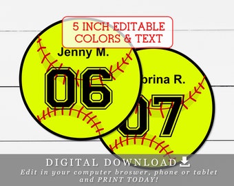 Étiquettes de softball de 5 po. avec noms et numéros modifiables, modèle DIY