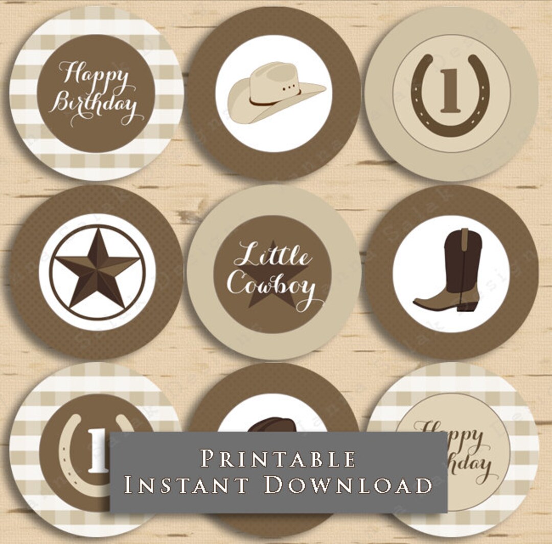 Cowboy First Birthday Cupcake Toppers Party Printable Brown DIY Digital ...