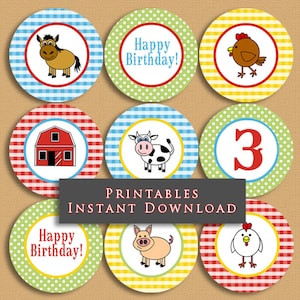 Third Birthday Farm Cupcake Topper, Cute 3rd Birthday Printable Cupcake Toppers Party Gift Tags DIY INSTANT DOWNLOAD