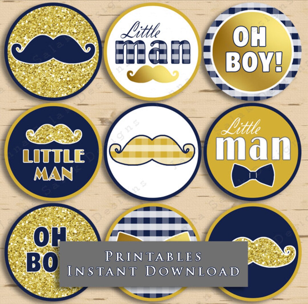Little Man Baby Shower Cupcake Toppers Mustache Party Printable Navy Blue  Gold Mustache DIY INSTANT DOWNLOAD LM008 - Etsy, image size:1080x1063