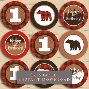 Lumberjack First Birthday Party Cupcake Toppers Buffalo Plaid 1st DIY Printable INSTANT DOWNLOAD LJ01