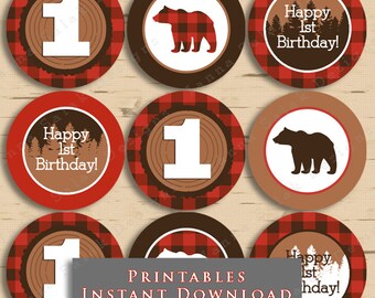 Lumberjack First Birthday Party Cupcake Toppers Buffalo Plaid 1st DIY Printable INSTANT DOWNLOAD LJ01