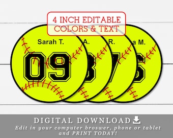 4" Softball Tags With Editable Names and Numbers DIY Template Printable
