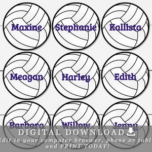 2.5&quot; Volleyballs With Editable Names / Text Printable Cupcake Toppers Tags DIY Template
