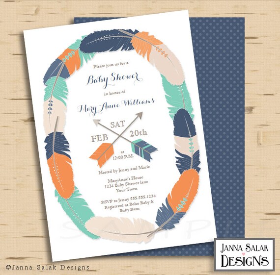 Printable Boho Baby Shower Invitation 5x7 Navy Orange Teal Feather and Arrow Baby Boy Invite Diy INSTANT DOWNLOAD You Edit PDF TR003