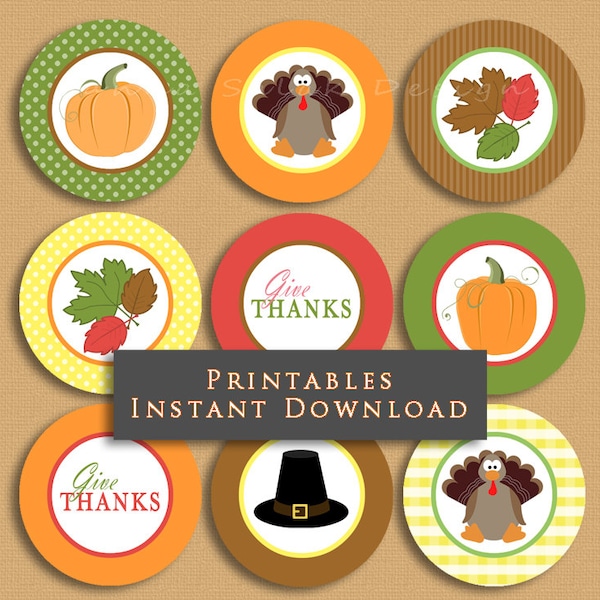 Thanksgiving Printable Cupcake Toppers Party Decor Party Gift Tags DIY INSTANT DOWNLOAD