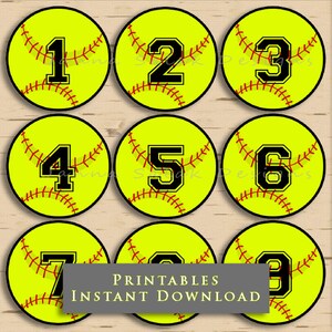 2.5&quot; Softball Printable Cupcake Toppers Tags With Editable Numbers DIY INSTANT DOWNLOAD Pdf