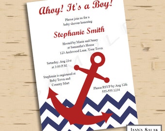 Ahoy! It's a Boy! Nautical Theme Baby Shower Invitation Anchor Chevron You Edit- INSTANT DOWNLOAD Editable Pdf