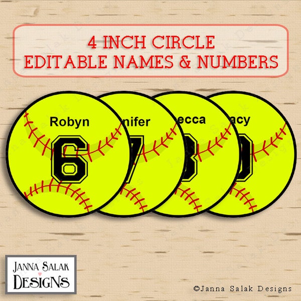 4" Softball Tags With Editable Names and Numbers INSTANT DOWNLOAD DIY Pdf