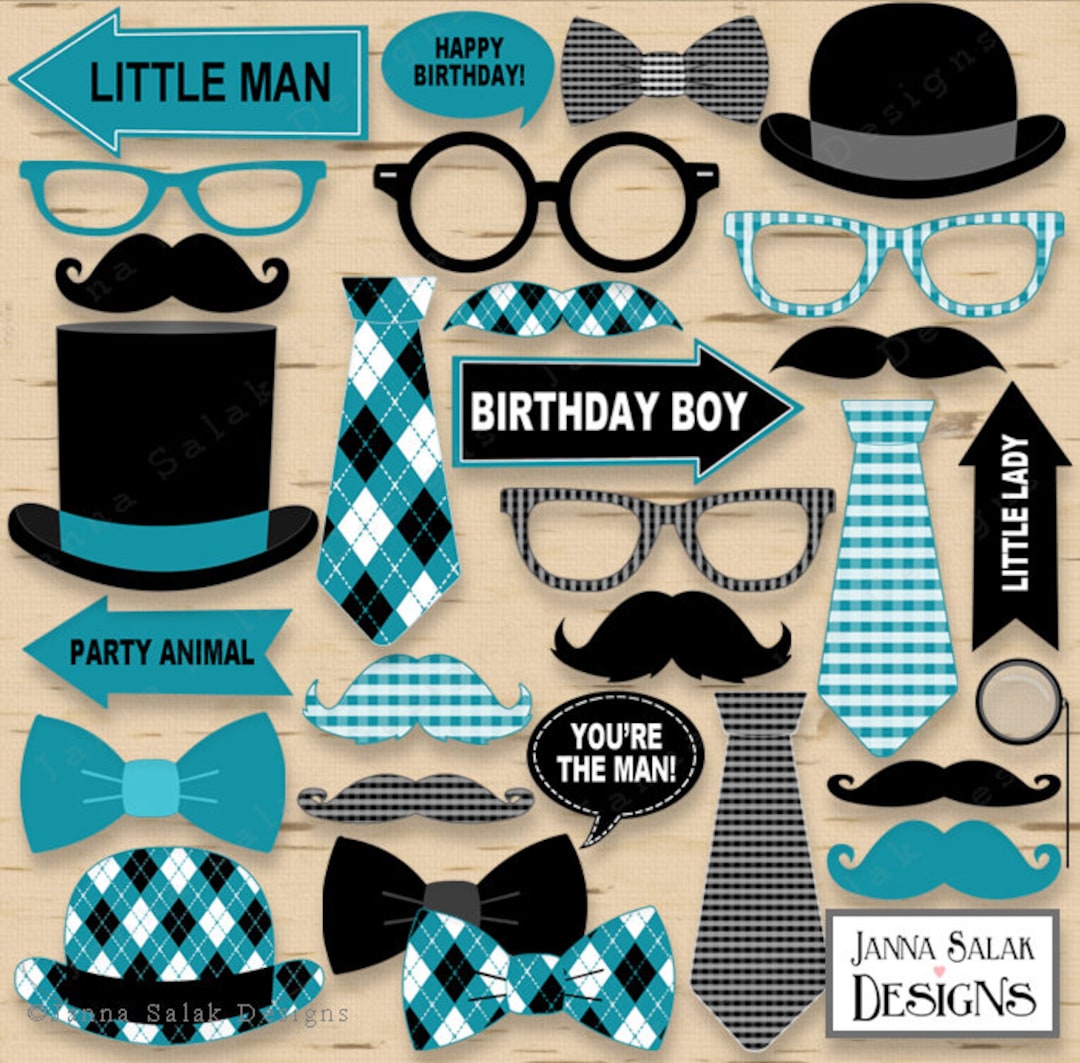 Printable Little Man Photo Booth Props Birthday Party Black and Teal ...