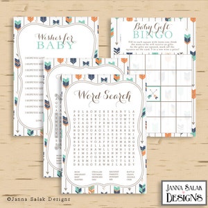 Tribal Baby Shower Games Activities Package Boho Arrows and Feathers Boy Navy Orange Green DIY INSTANT DOWNLOAD Pdf TR003