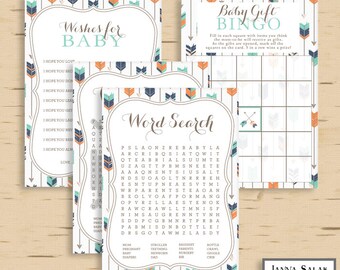 Tribal Baby Shower Games Activities Package Boho Arrows and Feathers Boy Navy Orange Green DIY INSTANT DOWNLOAD Pdf TR003