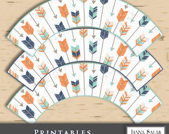 Tribal Arrow Cupcake Wrappers Party Printable Navy Blue Orange Teal Boho Boy DIY INSTANT DOWNLOAD TR003 TRB03
