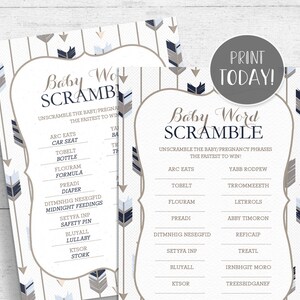 Tribal Baby Shower Word Scramble Game Printable - Boho Arrows Blue and Gray INSTANT DOWNLOAD TR006