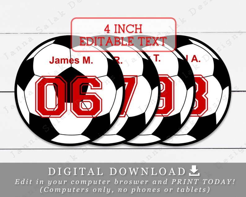4 Soccer Balls With Editable Names and Numbers DIY Etsy