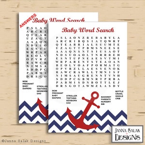 Nautical Anchor  Chevron Waves Baby Shower Game Word Search INSTANT DOWNLOAD Printable
