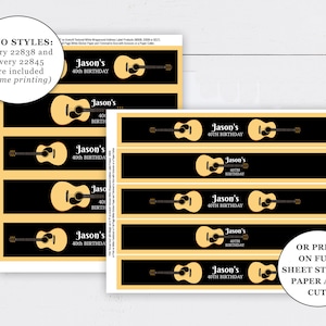 May include: Printable 40th birthday party favor labels featuring a black and yellow guitar design. The labels are designed to fit Avery 22838 and 22845 sticker paper. The text on the labels reads "Jason's 40th Birthday".