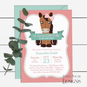 Horse Girl Baby Shower Invitation Template Pink and Mint 5x7 Invite DIY Printable with Editable Text HR01