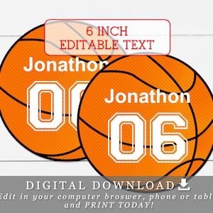 6" Basketball Printable Circle Tags With Editable Names and Numbers Custom Names DIY Template