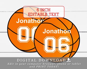 6" Basketball Printable Circle Tags With Editable Names and Numbers Custom Names DIY Template