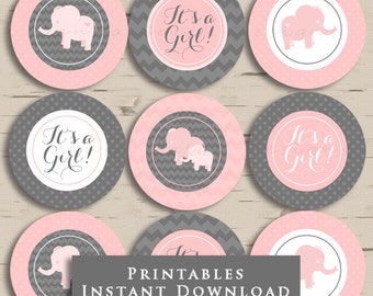 Pink and Grey Elephant Printable Cupcake Toppers Cute Baby Shower DIY INSTANT DOWNLOAD