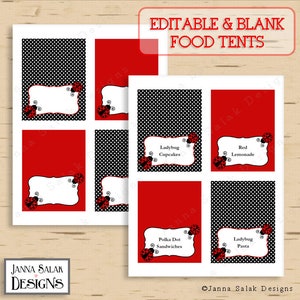 Etichette per tende alimentari con coccinella, etichette modificabili e vuote, pois rosso nero, download istantaneo stampabile fai da te LB01