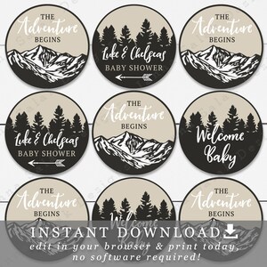 Adventure Mountain Cupcake Toppers Template 2&quot; & 2.5&quot; DIY Printable with Editable Text Tan and Black White AD02