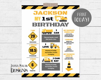 Construction Milestone Birthday Poster, EDITABLE TEMPLATE DIY Truck First Birthday Sign, 1st Birthday Poster CN02