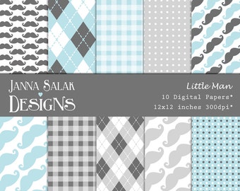 Little Man Digital Paper Pack 10 jpg Files 12"x12" - DESCARGA INSTANTÁNEA Little Man Themed Set Digital Scrapbooking LM001