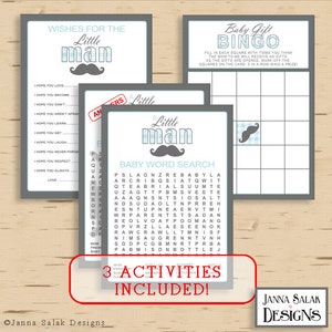 May include: Three printable baby shower game cards with a blue and gray color scheme. The cards feature the text "Little Man" and include a baby word search, a baby bingo game, and a "wishes for the little man" card.