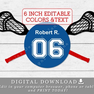6 "Lacrosse Tags mit bearbeitbaren Namen, Zahlen und Farbe DIY Vorlage Crosse Stick und Ball