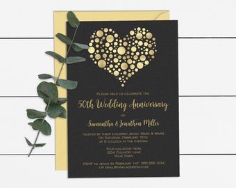 Golden Heart Wedding Anniversary Party Invitation Template 5x7 Digital 50th Invite DIY Printable with Editable Text