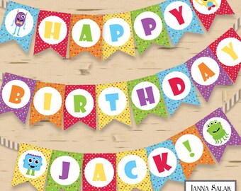 Puede incluir: Una pancarta colorida con las palabras "Happy Birthday Jack!" en letras blancas sobre un fondo de lunares. La pancarta presenta monstruos de dibujos animados y es perfecta para una fiesta de cumpleaños infantil.