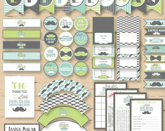 Little Man Baby Ducha PRINTABLE Party Package Azul Verde y Gris Diy INSTANT DESCARGAR Pdf LM005
