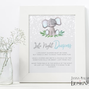 Elephant Late Night Diapers Baby Shower Sign 8x10&quot; Diapers Thoughts Watercolor Blue and Gray DIY INSTANT DOWNLOAD Pdf EL03